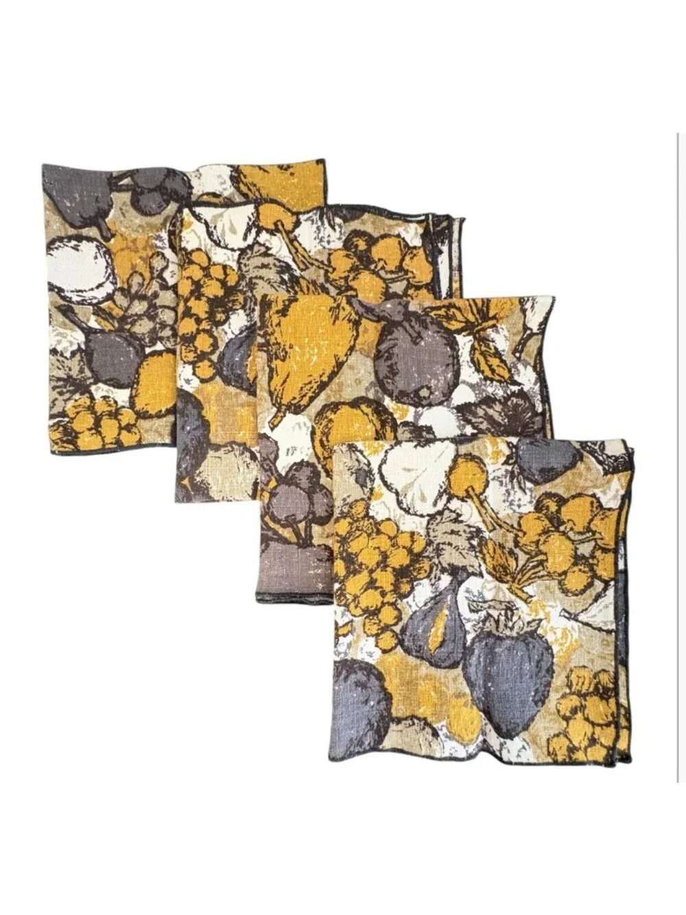 Vtg MCM Cloth Napkins Set Of 4 Retro Pears Figs Botanical Mustard Gold Gray